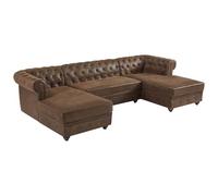 Vente-unique - Canapé d'angle panoramique en Microfibre Aspect Cuir Vieilli Chesterfield