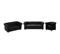 Canapés 3 places, 2 places et fauteuil en simili noir CHESTERFIELD