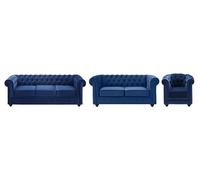 Vente-unique - Canapés 3 Places 2 Places et Un Fauteuil Chesterfield - Velours Bleu Roi