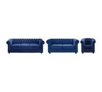 Vente-unique - Canapés 3 Places 2 Places et Un Fauteuil Chesterfield - Velours Bleu Roi