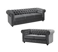 Vente-unique - Canapés 3 Places et 2 Places en Velours Anthracite Chesterfield