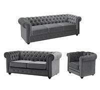 Vente-unique - Canapés 3 Places et 2 Places et Fauteuil en Velours Anthracite Chesterfield