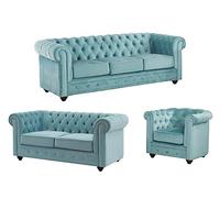 Vente-unique - Canapés 3 Places et 2 Places et Fauteuil en Velours Bleu Pastel Chesterfield