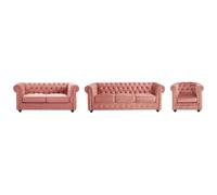 Canapés 3 places et 2 places et fauteuil en velours rose pastel CHESTERFIELD Rose poudré