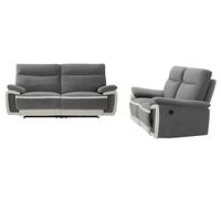 Vente-unique-Canapés 3 Places et 2 Places Relax électrique en Velours METTI - Gris et Bandes écru