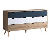 Commode 6 tiroirs - Coloris : Naturel, blanc et bleu marine - LURVIA