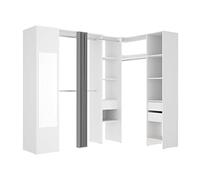 Dressing d'angle avec rideau et 1 porte - Avec miroir - L231 cm - Blanc et gris - BERTRAND