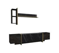 Vente-unique-Ensemble TV avec rangements - Effet marbre Noir, Naturel foncé et doré - CADEBA II