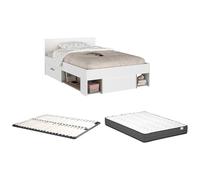 Vente-unique - Lit 120 x 190/200 cm avec rangements - Blanc et Naturel + Sommier + Matelas - KINSELIA - pour Enfant