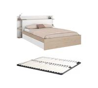 Vente-unique - Lit 140 x 190/200 cm avec 4 tiroirs - Coloris : Naturel et Blanc + Sommier - TILONIDE
