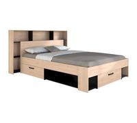 Vente-unique-Lit 140 x 190/200 cm avec tête de lit et rangements - Coloris : Naturel et Noir - KINSELIA