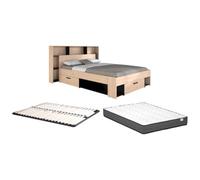 Vente-unique-Lit 140 x 190/200 cm avec tête de lit et rangements - Coloris : Naturel et Noir + Sommier + Matelas - KINSELIA