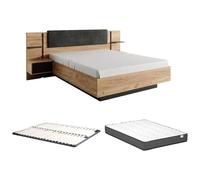 Vente-unique - Lit 140 x 190 avec sommier LED - Gris Anthracite, Naturel Clair - avec Tiroir, Etagére - ELYNIA