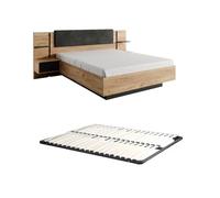 Vente-unique - Lit 140 x 190 avec sommier LED - Gris Anthracite, Naturel Clair - avec Tiroir, Etagère - ELYNIA