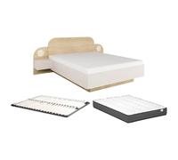 Vente-unique - Lit 160 x 200 cm - avec chevets et LEDs - Coloris : Beige et Naturel + Sommier + Matelas - DARTAGNO