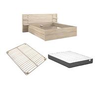 Vente-unique-Lit 180 x 200 cm avec rangements - Coloris : Naturel + Sommier + Matelas - TENALIA