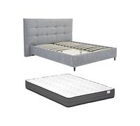 Vente-unique-Lit 180 x 200 cm avec tête de lit capitonnée - Tissu - Gris + Matelas - NIRPIO