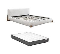 Vente-unique - Lit 180 x 200 cm - Tissu Bouclette - Blanc et Naturel + Matelas - GAMURA