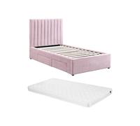 Lit 90 x 190 cm avec 2 tiroirs - Tissu - Rose + Matelas - SARAH