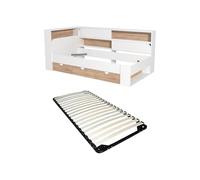 Lit 90 x 190 cm avec rangements - Coloris : Blanc et naturel + Sommier - TAMADU