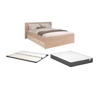 Lit avec 2 tiroirs 140 x 190 cm - coloris : Naturel et beige + Sommier + Matelas - VELONA