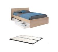 Vente-unique - Lit avec 4 tiroirs 140 x 190 cm - Coloris : Blanc Brillant et Naturel + Sommier - VELONA