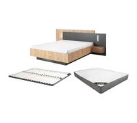 Vente-unique - Lit avec chevets 140 x 190 cm - 2 tiroirs - avec LEDs - Coloris : Naturel et Anthracite + Sommier + Matelas - FRANCOLI