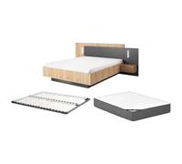 Vente-unique - Lit avec chevets 140 x 190 cm - 2 tiroirs - avec LEDs - Coloris : Naturel et Anthracite + Sommier + Matelas Premium - FRANCOLI