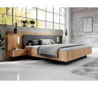 Vente-unique - Lit avec chevets 140 x 190 cm - 2 tiroirs - avec LEDs - Coloris : Naturel et Anthracite + Sommier - FRANCOLI