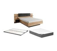 Vente-unique - Lit avec chevets 140 x 190 cm - avec LEDs - Coloris : Naturel et Anthracite + Sommier + Matelas Premium - ELYNIA