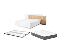 Vente-unique - Lit avec chevets 160 x 200 cm - 2 tiroirs - avec LEDs - Blanc et Naturel + Sommier + Matelas Premium - FRANCOLI