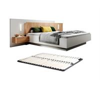 Lit avec chevets 160 x 200 cm - 2 tiroirs - Avec LEDs - Coloris : Blanc et naturel + Sommier - FRANCOLI