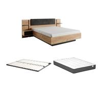 Vente-unique - Lit avec chevets 160 x 200 cm - avec LEDs - Coloris : Naturel et Anthracite + Sommier + Matelas Confort - ELYNIA