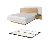 Vente-unique-Lit avec chevets 160 x 200 cm - avec LEDs - Coloris : Naturel et Blanc + Sommier - DESADO