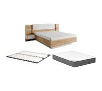 Vente-unique - Lit avec chevets 160 x 200 cm - avec LEDs - Coloris : Naturel et Blanc + Sommier + Matelas Premium - ELYNIA