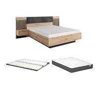 Vente-unique-Lit avec chevets 160 x 200 cm - avec LEDs - Coloris : Naturel et Noir + Sommier + Matelas - ARIADA