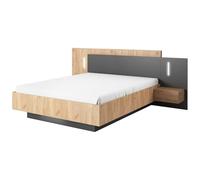 Vente-unique - Lit avec Tables de Chevet 140x190 cm - 2 tiroirs - avec LED - Couleurs : Naturel et Anthracite - FRANCOLI