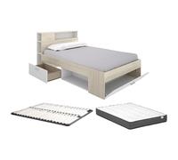 Vente-unique - Lit avec tête de lit rangements et tiroir - 120 x 190 cm - Naturel et Blanc + Sommier + Matelas - Leandre - pour Enfant