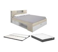 Vente-unique - Lit avec tête de lit rangements et tiroir - 180 x 200 cm - Coloris : Naturel et Blanc + Sommier + Matelas - Leandre