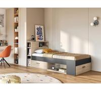 Lit avec tête de lit rangements et tiroir - 90 x 190 cm - Anthracite et naturel + matelas + sommier - LEANDRE