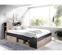 Vente-unique - Lit avec tête de lit rangements et tiroir - 90 x 190 cm - Anthracite et Naturel + Matelas + sommier - Leandre - pour Enfant
