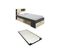 Vente-unique - Lit avec tête de lit rangements et tiroir - 90 x 190 cm - Anthracite et Naturel + Sommier - Leandre - pour Enfant