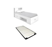 Vente-unique - Lit avec tête de lit rangements et tiroir - 90 x 190 cm - Blanc + Sommier - Leandre