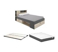 Vente-unique-Lit avec tête de lit rangements et tiroirs - 120 x 190cm - Coloris : Naturel et Anthracite + Sommier + Matelas - Leandre
