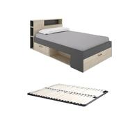 Lit avec tête de lit rangements et tiroirs - 120 x 190cm - Coloris : Naturel et anthracite + Sommier - LEANDRE