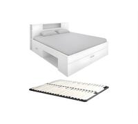 Lit avec tête de lit rangements et tiroirs - 140 x 190 cm - Coloris : Blanc + Sommier - LEANDRE