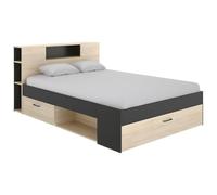 Vente-unique - Lit avec tête de lit rangements et tiroirs - 140 x 190 cm - Coloris : Naturel et Anthracite - Leandre