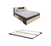 Vente-unique - Lit avec tête de lit rangements et tiroirs - 140 x 190 cm - Coloris : Naturel et Anthracite + Sommier - Leandre