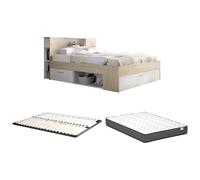 Vente-unique - Lit avec tête de lit rangements et tiroirs - 140 x 190 cm - Coloris : Naturel et Blanc + Sommier + Matelas - Leandre