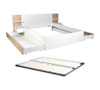Vente-unique - Lit avec tiroirs 160 x 200 cm - avec 2 chevets et tablettes - Blanc et Naturel + Sommier - KLYRANA